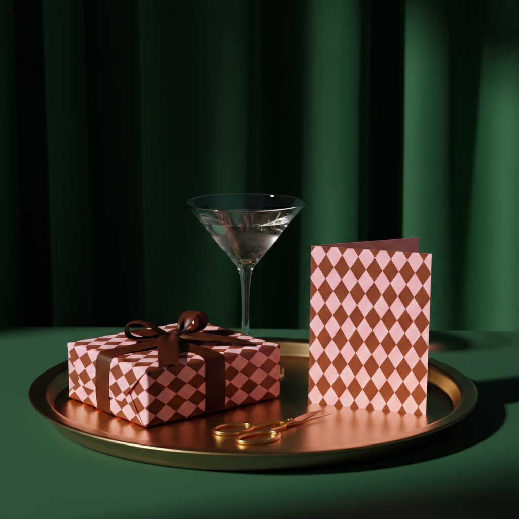 Copper Checkmate Wrapping Paper & Greeting Cards (Set of 1, 10, 30, 50)